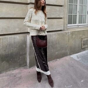 Zara Brown Sequin Chiffon Skirt ZW Collection Size XS